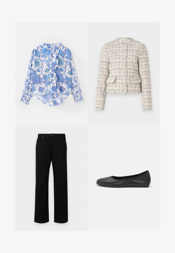 Krémový a černý strukturovaný tweedový blazer s kulatým výstřihem, zapínáním na knoflíky a dvěma předními kapsami. Roztrhané okraje a přiléhavý design.; Dlouhý rukáv košile s knoflíky z lehkého materiálu, s modrým květinovým vzorem na bílém pozadí, s volánkovým límcem a manžetami.; Černé rovné džíny vyrobené z bavlny, s předním zapínáním na knoflík, poutky na opasek a pěti kapsami. Hladká textura bez vzorů.; Černé kožené baletní byty s kulatou špičkou, hladkou texturou, minimálními švy a flexibilním designem podrážky.