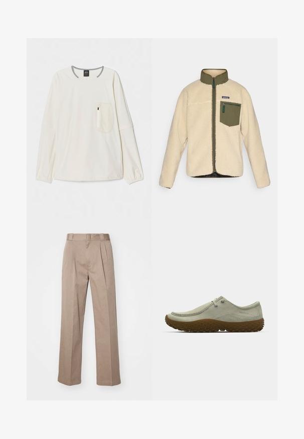 Patagonia CLASSIC RETRO-X - Flisinė striukė - dark natural/basin green; Ilgų rankovių marškiniai iš off-white spalvos medžiagos su pilku apykakle ir akcentais. Turi priekyje krūtinės kišenę su užtrauktuku. Minkštas tekstūra.; Bežiniai, aukštu liemeniu kelnių modeliai su plačiomis kojomis. Juose yra dvi priekinės raukšlės ir lygi tekstūra. Standartinio ilgio su švariu apdailu.; Šviesiai žali slip-on tipo batai su tekstūruota guma, skirti komfortui, su siūtu siūlu ir metaliniais akmenukais raištams.