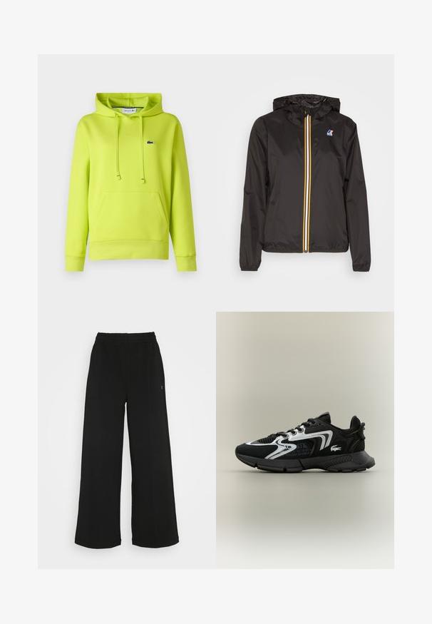 Čierna ľahká bunda s kapucňou, má stredný zips s červenými, žltými a bielymi pruhmi a logom na ľavom prsníku.; Žiarivo zelená mikina s kapucňou, predným vreckom, nastaviteľnými šnúrkami, rebrovanými manžetami a malým logom na hrudi. Mäkčená textúra.; Čierne široké nohavice s elastickým pásom. Vyrobené z mäkkého, ľahkého materiálu. Obsahujú vertikálne švy po prednej strane.; Čierne športové topánky s sieťovanými panelmi, striebornými akcentmi a textúrovanými čiernymi prekrytiami. Obsahujú šnúrky a zakrivenú, pevnú podrážku.