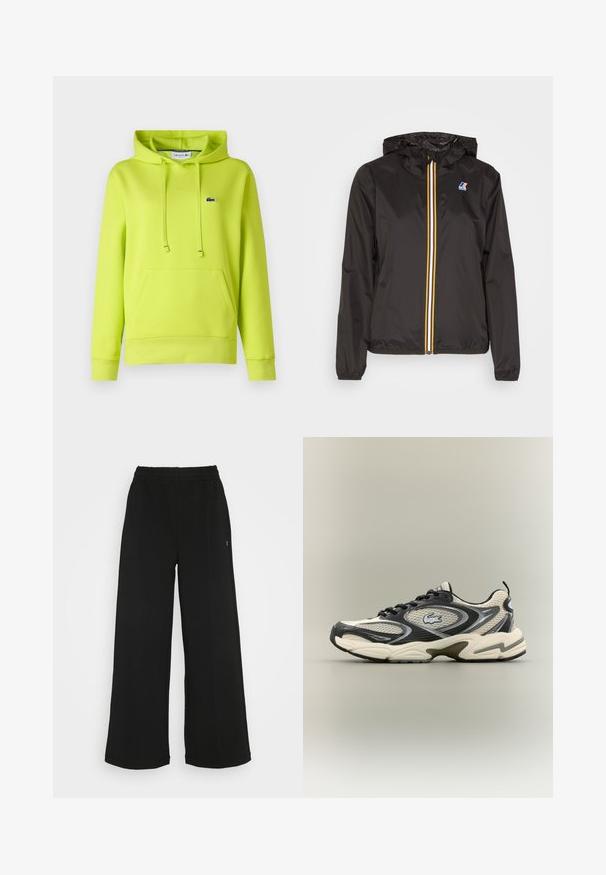 Giacca leggera nera con cappuccio, dotata di una zip centrale con strisce rosse, gialle e bianche, e un logo sul petto sinistro.; Felpa verde brillante con cappuccio, tasca frontale, cordini regolabili, polsini a coste e un piccolo logo sul petto. Texture morbida.; Pantaloni neri a gamba larga con vita elasticizzata. Realizzati in un materiale morbido e leggero. Presentano cuciture verticali sul davanti.; Le sneakers in mesh nere e beige presentano un collare imbottito, una parte superiore testurizzata e un logo prominente sul lato. Design elegante con suola curva.