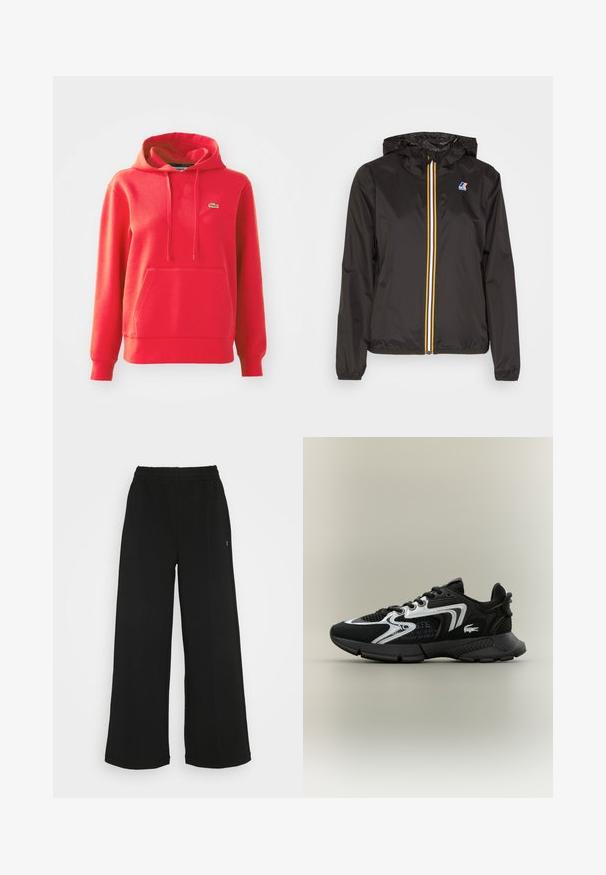 Melnā vieglā jaka ar cepuri, centrāla rāvējslēdzis ar sarkaniem, dzelteniem un baltiem svītrām, un logo uz kreisā krūšu kabatā.; Sarkans kapuces džemperis, izgatavots no kokvilnas maisījuma. Iespējojumā ir kangaru kabata, ribotas piedurknes un neliels zaļš logo kreisajā krūtīs.; Melni platās bikses ar elastīgu jostu. Izgatavotas no mīksta, viegla materiāla. Iezīmē vertikālas šuves gar priekšpusi.; Melni sporta apavi ar sietiņa ieliktņiem, sudraba akcentiem un struktūru melnā krāsā. Īpaši iezīmes - šņorītes un izliekta, izturīga zole.