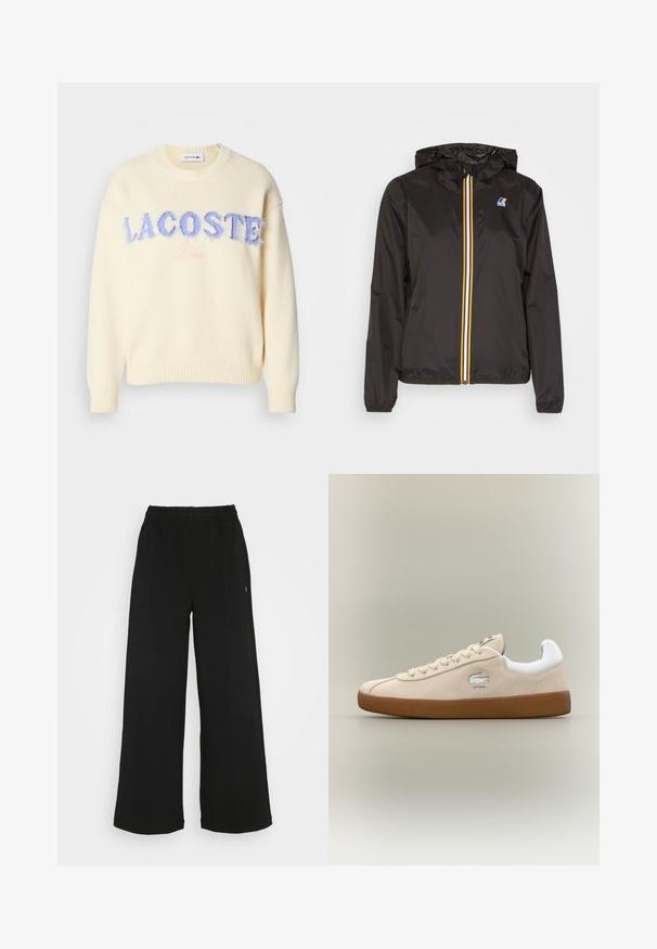 Schwarze leichte Jacke mit Kapuze, verfügt über einen zentralen Reißverschluss mit roten, gelben und weißen Streifen sowie einem Logo auf der linken Brust.; Cremefarbener Pullover mit Rundhalsausschnitt, gerippten Bündchen und Saum. "LACOSTE" in flauschigen blauen Buchstaben und "Paris" in sanftem Pink zentriert auf der Vorderseite.; Schwarze weit geschnittene Hose mit einem elastischen Bund. Hergestellt aus einem weichen, leichten Material. Mit vertikalen Nähten an der Vorderseite.; Beige Wildlederschuh mit weißen Akzenten und Gummisohle. Besitzt ein erhabenes Logo an der Seite und kontrastierende beige Schnürsenkel. Klassisches Design.