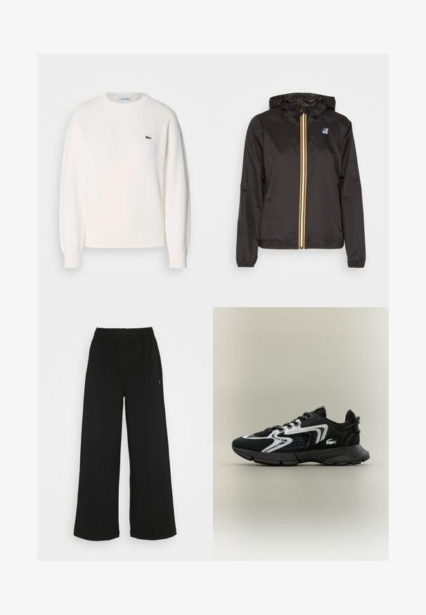 Black lightweight jacket with a hood, features a central zipper with red, yellow, and white stripes, and a logo on the left chest.; White sweatshirt made of soft fabric, featuring a crew neckline, long sleeves, ribbed cuffs, and a small green Lacoste logo on the chest.; Black wide-leg pants with an elastic waistband. Made from a soft, lightweight material. Features vertical seams along the front.; Black athletic shoes with mesh panels, silver accents, and textured black overlays. Features laces and a curved, sturdy outsole.