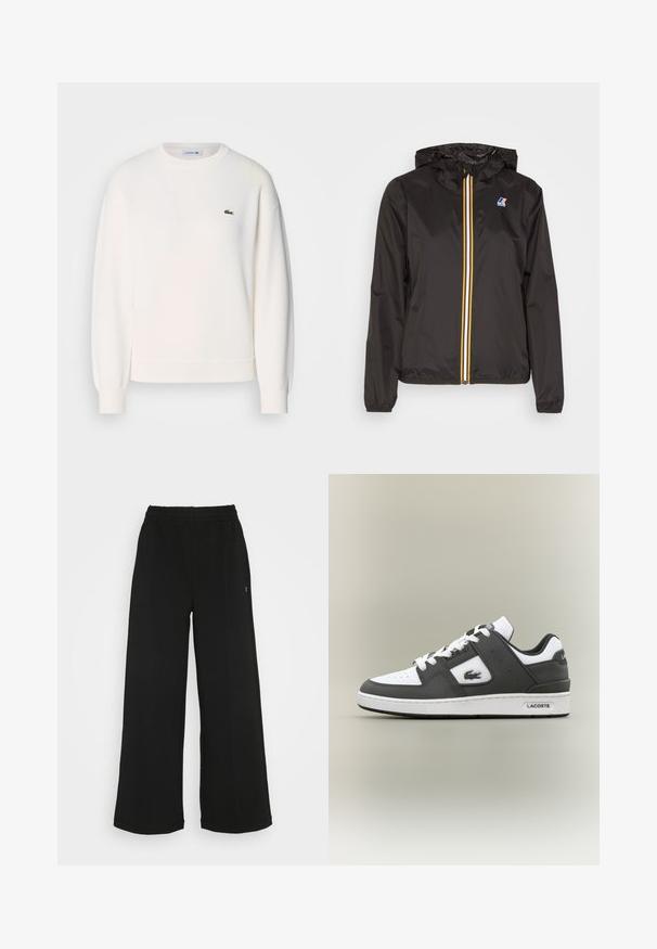 Schwarze leichte Jacke mit Kapuze, verfügt über einen zentralen Reißverschluss mit roten, gelben und weißen Streifen sowie einem Logo auf der linken Brust.; Weißes Sweatshirt aus weichem Stoff, mit Rundhalsausschnitt, langen Ärmeln, gerippten Bündchen und kleinem grünen Lacoste-Logo auf der Brust.; Schwarze weit geschnittene Hose mit einem elastischen Bund. Hergestellt aus einem weichen, leichten Material. Mit vertikalen Nähten an der Vorderseite.; Schwarze und weiße Lacoste-Sneaker mit weißen Schnürsenkeln, perforierter Zehenpartie, Krokodil-Logo an der Seite und markiertem Profil auf neutralem Hintergrund.