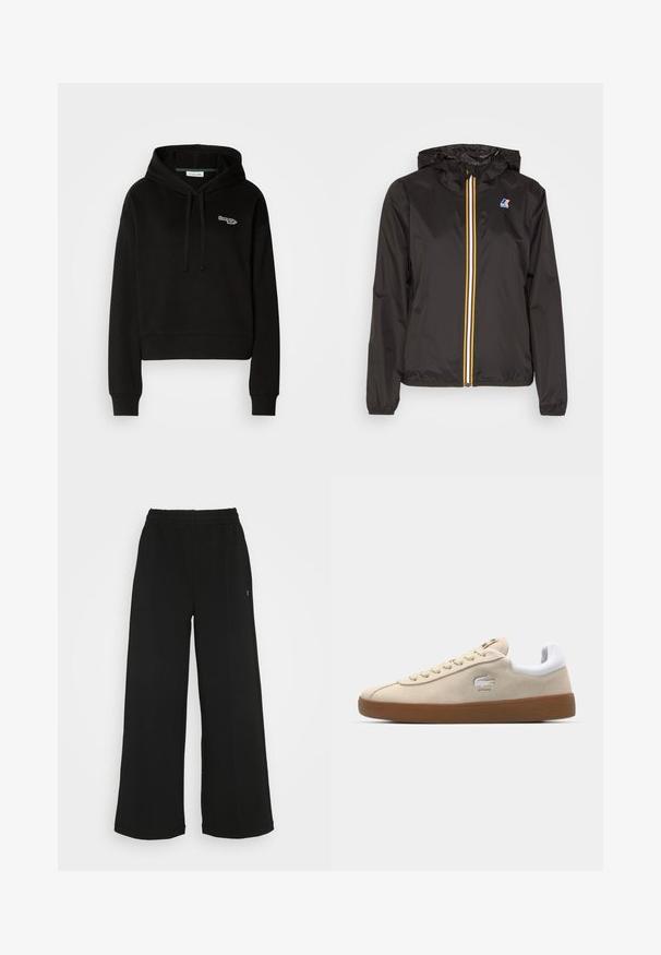 Čierna ľahká bunda s kapucňou, má stredný zips s červenými, žltými a bielymi pruhmi a logom na ľavom prsníku.; Čierna skrátená mikina s kapucňou, vyrobená z mäkkej látky, so šnúrkou na kapucni a zeleno-bielym logom na hrudi. Dlhé rukávy s rebrovanými manžetami.; Čierne široké nohavice s elastickým pásom. Vyrobené z mäkkého, ľahkého materiálu. Obsahujú vertikálne švy po prednej strane.; Béžové semišové tenisky s bielym koženým opätkom a gumovou podrážkou. Obsahujú šnúrky a logo krokodíla na boku. Jednoduchý dizajn.