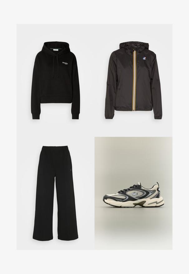 Fekete, könnyű dzseki kapucnival, középső cipzárral, piros, sárga és fehér csíkokkal, valamint logóval a bal mellen.; Fekete, rövidített kapucnis pulóver puha anyagból, húzózsinórral ellátott kapucnival és zöld-fehér logóval a mellrészen. Hosszú ujjú, bordás gumírozott mandzsettákkal.; Fekete, bőszárú nadrág rugalmas derékrésszel. Puha, könnyű anyagból készült. Elülső részén vertikális varrásokkal rendelkezik.; Fekete és bézs hálós sportcipők párnázott bokával, texturált felsőrésszel és kiemelkedő logóval az oldalon. Elegáns dizájn, ívelt talppal.