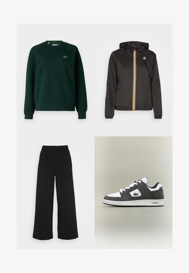 Czarna, lekka kurtka z kapturem, z centralnym zamkiem błyskawicznym z czerwonymi, żółtymi i białymi paskami oraz logo na lewym piersi.; Lacoste SF8347_HCZ ciemnozielony; Czarny bawełniany t-shirt z okrągłym dekoltem, krótkimi rękawami i małym, zielonym haftowanym logo po lewej stronie klatki piersiowej. Prosty design.; Czarne spodnie o szerokich nogawkach z elastycznym pasem. Wykonane z miękkiego, lekkiego materiału. Posiada pionowe szwy na przodzie.; Czarno-białe sneakersy Lacoste z białymi sznurowadłami, perforowanym czubkiem, logo krokodyla na boku oraz markową podeszwą na neutralnym tle.