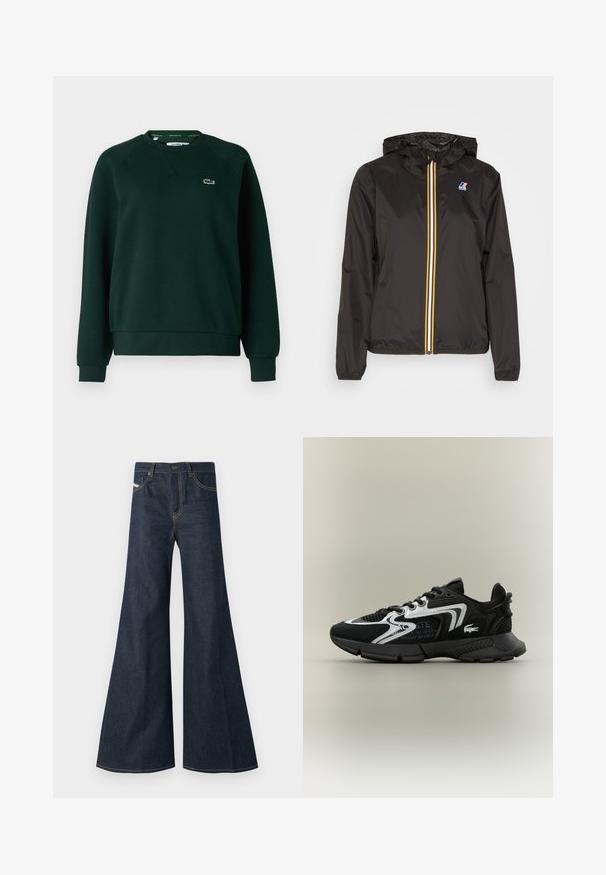 Casaco leve preto com capuz, apresenta um fecho central com riscas vermelha, amarela e branca, e um logotipo no lado esquerdo do peito.; Lacoste Camisola - sinople; Jeans de lavagem azul-escura, com corte flare, feitos de denim, apresentando uma cintura alta, detalhes em costura dourada e dois bolsos frontais com fecho de botão.; Sapatos de desporto pretos com painéis de malha, detalhes em prata e sobreposições texturizadas em preto. Apresentam atacadores e uma sola curva e resistente.