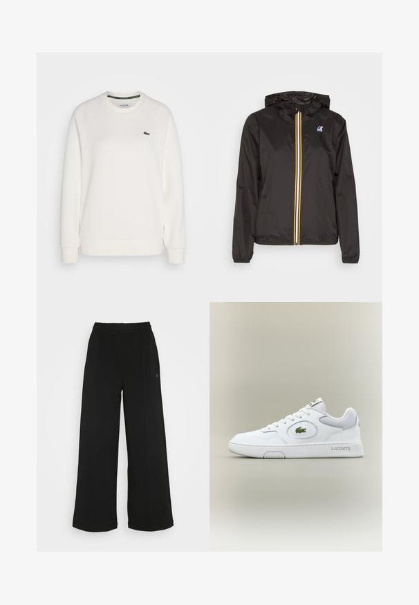 Black lightweight jacket with a hood, features a central zipper with red, yellow, and white stripes, and a logo on the left chest.; White cotton sweatshirt with ribbed cuffs and hem. Features a crew neck and green Lacoste branding on the collar. Classic fit.; Black wide-leg pants with an elastic waistband. Made from a soft, lightweight material. Features vertical seams along the front.; White leather sneaker with mesh accents, round toe, and flat laces. Features a green crocodile logo and "LACOSTE" branding on the heel.