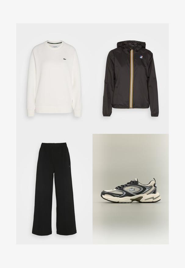 Crna lagana jakna s kapuljačom, središnji patent zatvarač sa crvenim, žutim i bijelim trakama, te logom na lijevoj strani prsnog dijela.; Bijela pamučna dukserica s rebrastim manžetama i donjim rubom. Ima okrugli izrez i zelenu Lacoste oznaku na ovratniku. Klasičan kroj.; Crne hlače širokog kroja s elastičnom trakom u struku. Izrađene su od mekane, lagane tkanine. Sadrže vertikalne šavove duž prednje strane.; Crne i bež mrežaste tenisice imaju podstavljeni ovratnik, teksturiranu gornjište i istaknuti logo sa strane. Elegantan dizajn s zakrivljenim potplatom.