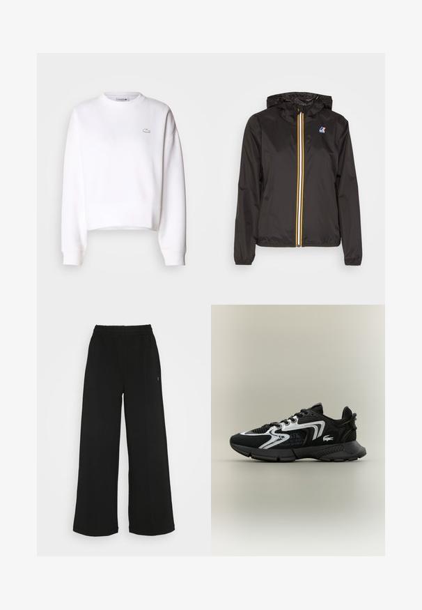 Zwarte lichtgewicht jacket met een capuchon, heeft een centrale rits met rode, gele en witte strepen, en een logo op de linkerkant van de borst.; Witte cropped sweatshirt, van een katoenmix, met een ronde hals, lange mouwen, ribgebreide manchetten, featuring een klein Lacoste-logo op de borst.; Zwarte wijde broek met een elastische tailleband. Gemaakt van een zachte, lichte stof. Heeft verticale naden aan de voorkant.; Zwarte sportschoenen met gaaspanelen, zilveren accenten en gestructureerde zwarte overlays. Voorzien van veters en een gebogen, stevige buitenzool.