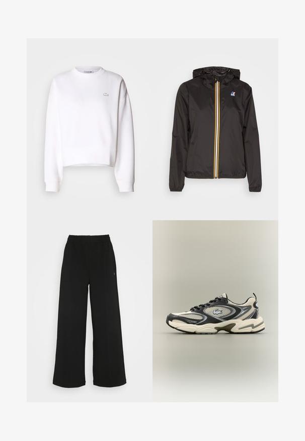 Giacca leggera nera con cappuccio, dotata di una zip centrale con strisce rosse, gialle e bianche, e un logo sul petto sinistro.; Felpa bianca corta, in misto cotone, con scollo a girocollo, maniche lunghe, polsini a coste, caratterizzata da un piccolo logo Lacoste sul petto.; Pantaloni neri a gamba larga con vita elasticizzata. Realizzati in un materiale morbido e leggero. Presentano cuciture verticali sul davanti.; Le sneakers in mesh nere e beige presentano un collare imbottito, una parte superiore testurizzata e un logo prominente sul lato. Design elegante con suola curva.