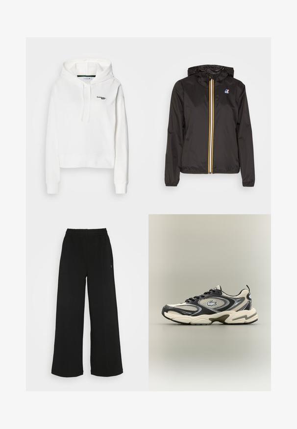 Černá lehká bunda s kapucí, která má centrální zip s červenými, žlutými a bílými pruhy, a logem na levém prsu.; Bílé mikina s kapucí vyrobená z měkké tkaniny, s klokankovou kapsou, stahovací kapucí a zeleným vyšitým logem na hrudi. Obsahuje žebrované manžety.; Černé široké kalhoty s elastickým pasem. Vyrobené z měkkého, lehkého materiálu. Obsahují vertikální švy na přední straně.; Černé a béžové síťované tenisky mají polstrovaný límec, texturovaný svršek a výrazné logo na boku. Elegantní design s zakřivenou podrážkou.