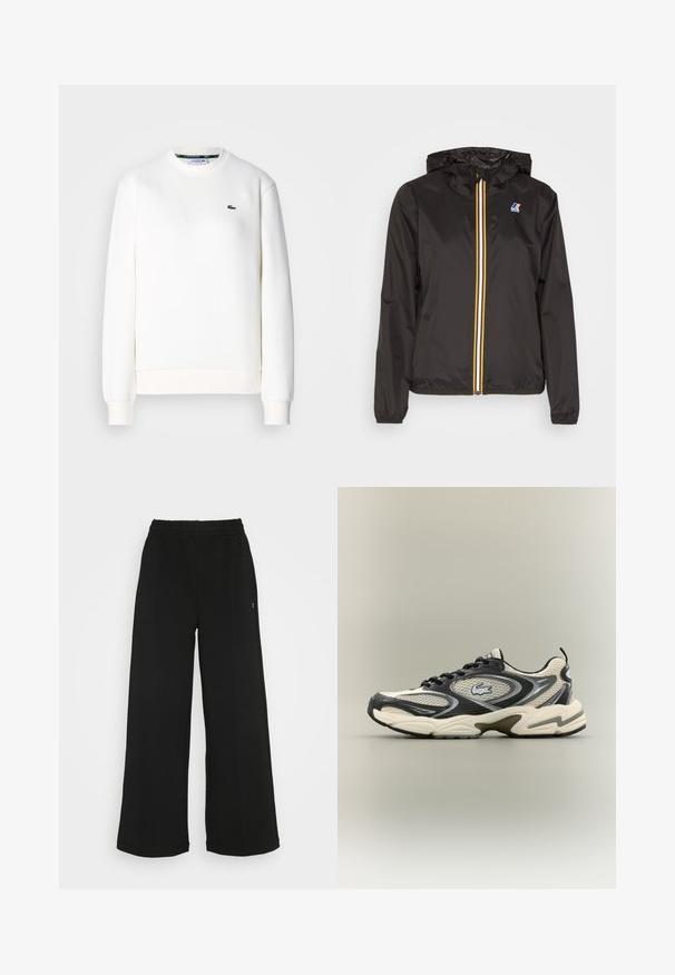 Black lightweight jacket with a hood, features a central zipper with red, yellow, and white stripes, and a logo on the left chest.; White sweatshirt made of cotton blend, featuring a round neckline, ribbed cuffs, and a small green logo on the chest. Smooth texture.; Black wide-leg pants with an elastic waistband. Made from a soft, lightweight material. Features vertical seams along the front.; Black and beige mesh sneakers feature a padded collar, textured upper, and prominent logo on the side. Sleek design with curved sole.