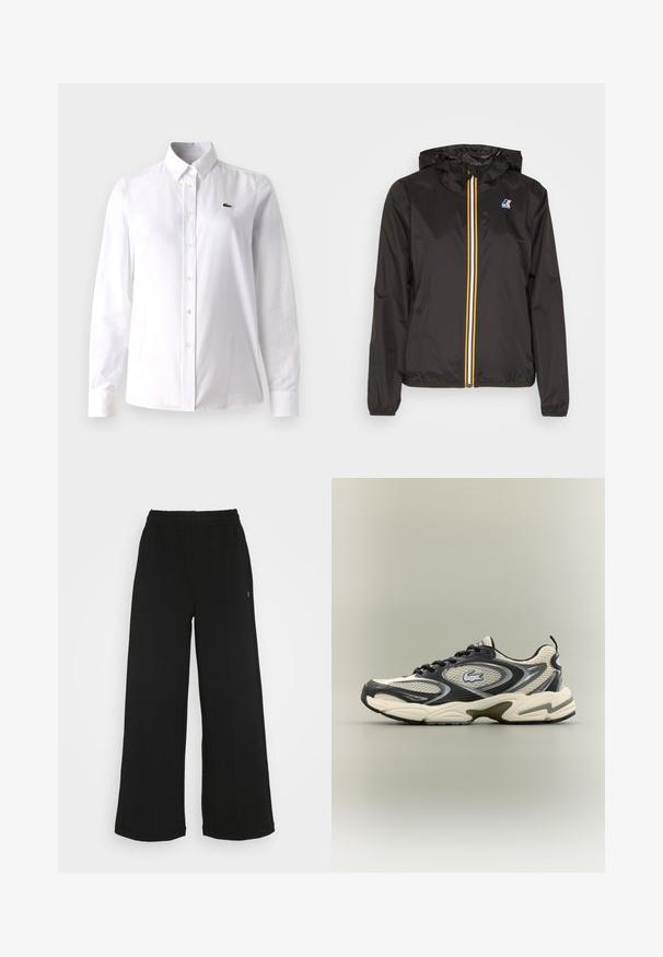 Svart lett jakke med hette, har en sentral glidelås med røde, gule og hvite striper, samt en logo på venstre bryst.; Hvit skjorte med knapper laget av bomull, med klassisk krage, lange ermer, og en liten grønn logo på venstre bryst.; Svarte vide bukser med elastisk midjebånd. Laget av et mykt og lett materiale. Har vertikale sømmer langs fronten.; Svart og beige mesh joggesko har en polstret krage, teksturert overdel og en fremtredende logo på siden. Strømlinjeformet design med buet såle.