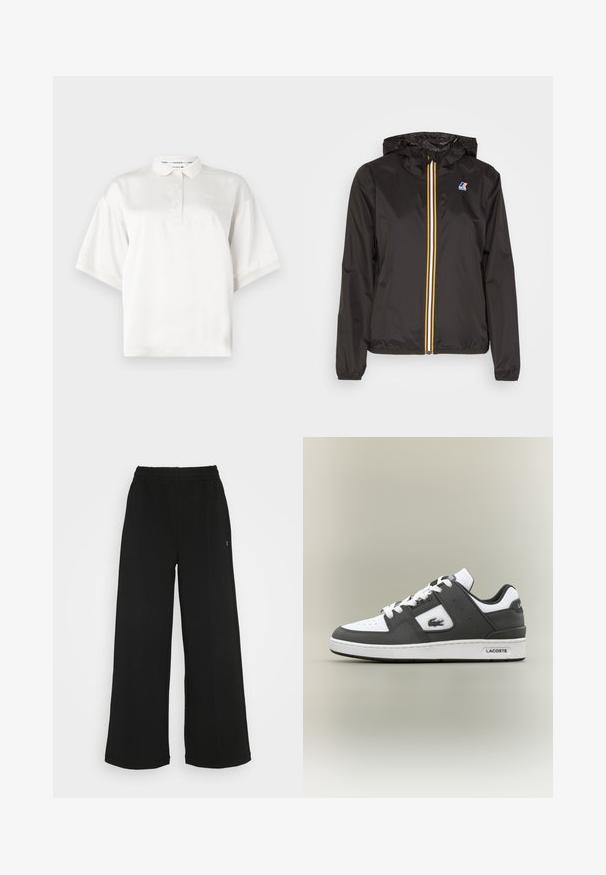 Melnā vieglā jaka ar cepuri, centrāla rāvējslēdzis ar sarkaniem, dzelteniem un baltiem svītrām, un logo uz kreisā krūšu kabatā.; Balts īsām piedurknēm polo krekls, izgatavots no gludas auduma, ar priekšējo pogu slēdzēju un trīs pogām, kā arī izšūtu logo kreisajā krūtī.; Melni platās bikses ar elastīgu jostu. Izgatavotas no mīksta, viegla materiāla. Iezīmē vertikālas šuves gar priekšpusi.; Melnbaltas Lacoste kedas ar baltajām mežģīnēm, perforēta purngala daļa, krokodila logo sānos un ar zīmolu apakšā uz neitrāla fona.