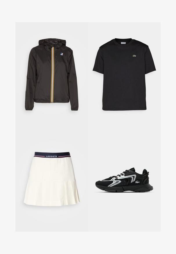 Črna lahka jakna z kapuco, ima osrednji zadrgo z rdečimi, rumenimi in belimi črtami ter logotipom na levi prsni strani.; Črna bombažna majica s krožnim izrezom, kratkimi rokavi in majhnim zelenim vezenim logotipom na levem prsnem delu. Preprost dizajn.; Bela plisirana krila z mornarsko modrim pasom, ki vsebujejo Lacoste logo in rdeče detajle. Narejena iz gladkega, mehkega materiala.; Črne atletske superge s mrežastim in sintetičnim zgornjim delom, srebrnimi detajli, zaokroženim prstom, oblazinjenim ovratnikom in teksturirano podplatom za dober oprijem.