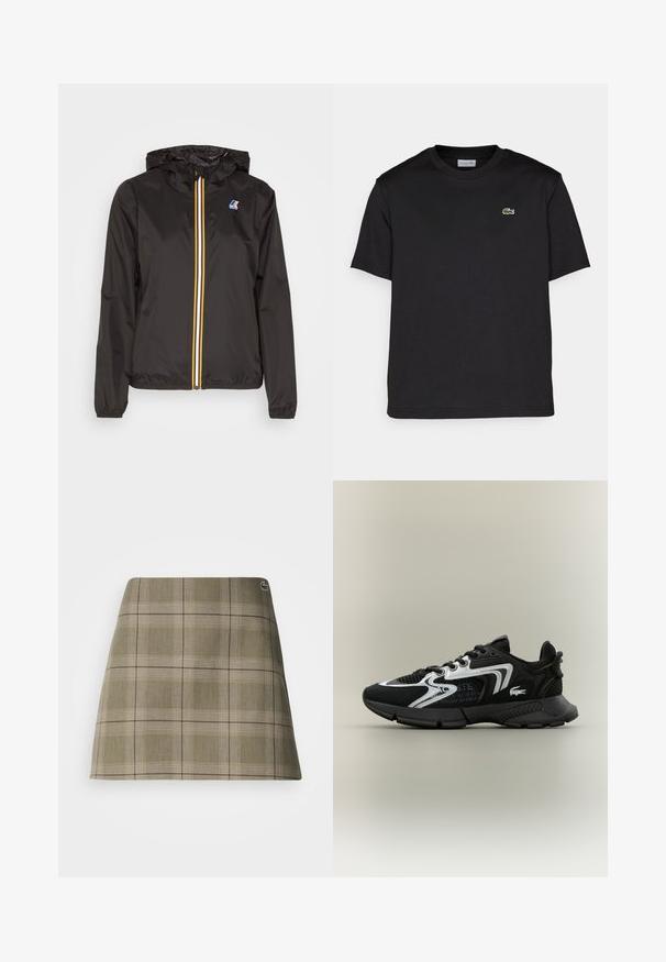 Čierna ľahká bunda s kapucňou, má stredný zips s červenými, žltými a bielymi pruhmi a logom na ľavom prsníku.; Čierne bavlnené tričko s okrúhlym výstrihom, krátkymi rukávmi a malým zeleným vyšitým logom na ľavej hrudi. Jednoduchý dizajn.; Kockovaná mini sukňa v olivovej zelenej a béžovej farbe, s rovnou siluetou, jemnou textúrou a malým logom v blízkosti pásu.; Čierne športové topánky s sieťovanými panelmi, striebornými akcentmi a textúrovanými čiernymi prekrytiami. Obsahujú šnúrky a zakrivenú, pevnú podrážku.