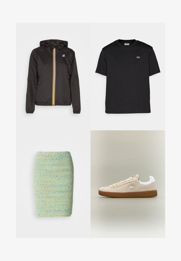 Zwarte lichtgewicht jacket met een capuchon, heeft een centrale rits met rode, gele en witte strepen, en een logo op de linkerkant van de borst.; Zwart katoenen t-shirt met een ronde halslijn, korte mouwen en een klein groen geborduurd logo op de linkerborst. Eenvoudig ontwerp.; Knirpels rok van getextureerde, gespikkelde stof in pastelgroen met hints van blauw, oranje en paars doorheen.; Beige suède sneaker met witte accenten en rubberen zool. Beschikt over een verhoogd logo aan de zijkant en contrasterende beige veters. Klassiek ontwerp.