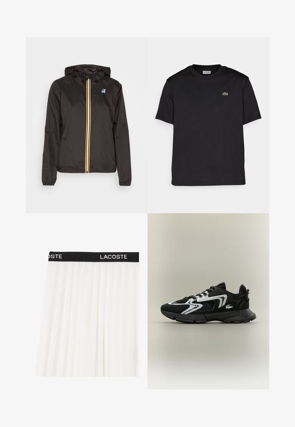 Črna lahka jakna z kapuco, ima osrednji zadrgo z rdečimi, rumenimi in belimi črtami ter logotipom na levi prsni strani.; Črna bombažna majica s krožnim izrezom, kratkimi rokavi in majhnim zelenim vezenim logotipom na levem prsnem delu. Preprost dizajn.; Bela plisirana krila z črnimi pasom, na katerem je v belem izvezeno "LACOSTE". Lahka, lepršava tkanina z gladko teksturo.; Črne atletske čevlje z mrežnimi paneli, srebrnimi akcenti in teksturiranimi črnimi prekritji. Imajo vezalke in ukrivljen, trpežen podplat.