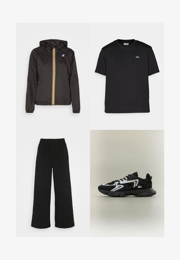 Svart lett jakke med hette, har en sentral glidelås med røde, gule og hvite striper, samt en logo på venstre bryst.; Svart bomull T-skjorte med rund hals, korte ermer og en liten grønn brodert logo på venstre bryst. Enkelt design.; Svarte vide bukser med elastisk midjebånd. Laget av et mykt og lett materiale. Har vertikale sømmer langs fronten.; Svarte sportsko med nettpaneler, sølvdetaljer og teksturerte svarte overlegg. Har lisser og en buet, robust såle.