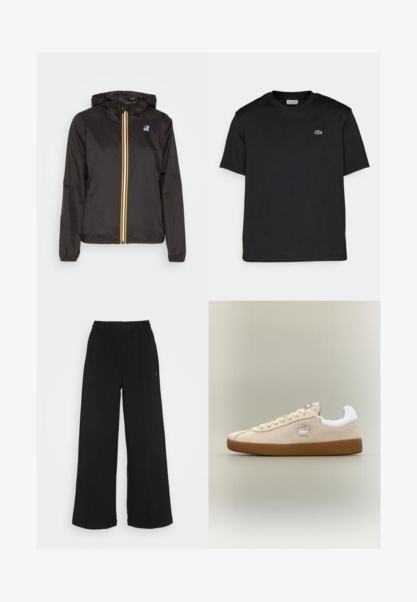 Čierna ľahká bunda s kapucňou, má stredný zips s červenými, žltými a bielymi pruhmi a logom na ľavom prsníku.; Čierne bavlnené tričko s okrúhlym výstrihom, krátkymi rukávmi a malým zeleným vyšitým logom na ľavej hrudi. Jednoduchý dizajn.; Čierne široké nohavice s elastickým pásom. Vyrobené z mäkkého, ľahkého materiálu. Obsahujú vertikálne švy po prednej strane.; Béžové semišové tenisky s bielymi akcentmi a gumovou podrážkou. Vyznačujú sa vystúpeným logom na boku a kontrastnými béžovými šnúrkami. Klasický dizajn.