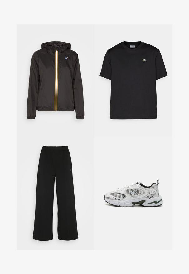 Černá lehká bunda s kapucí, která má centrální zip s červenými, žlutými a bílými pruhy, a logem na levém prsu.; Černé bavlněné tričko s kulatým výstřihem, krátkými rukávy a malým zeleným vyšitým logem na levé hrudi. Jednoduchý design.; Černé široké kalhoty s elastickým pasem. Vyrobené z měkkého, lehkého materiálu. Obsahují vertikální švy na přední straně.; Bílé sportovní boty s síťovanými panely, černými akcenty a texturovanou podešví. Mají elegantní design a výrazné logo na boku.