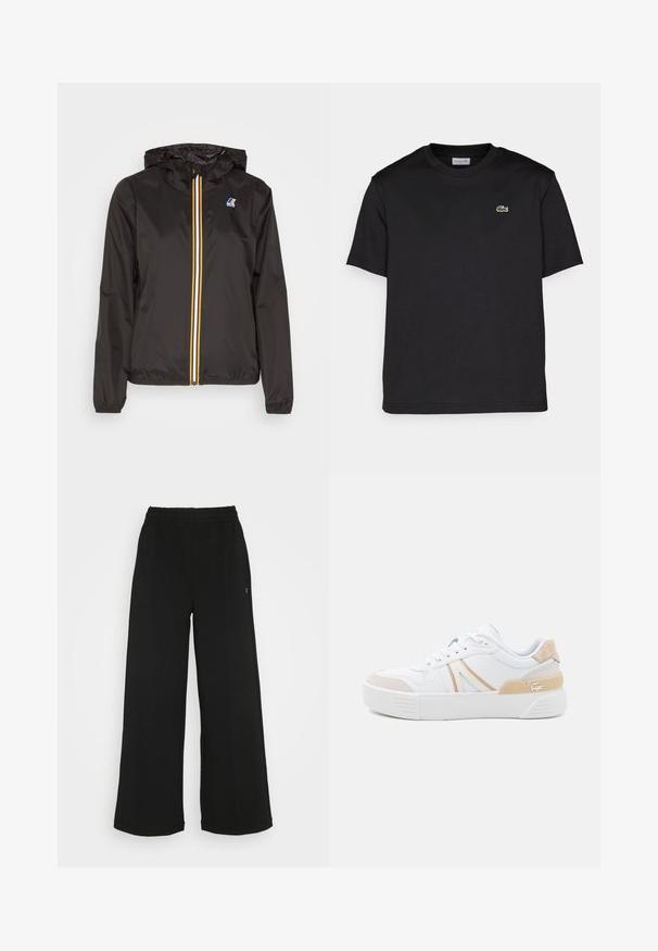 Black lightweight jacket with a hood, features a central zipper with red, yellow, and white stripes, and a logo on the left chest.; Black cotton t-shirt with a round neckline, short sleeves, and a small green embroidered logo on the left chest. Simple design.; Black wide-leg pants with an elastic waistband. Made from a soft, lightweight material. Features vertical seams along the front.; White sneaker with suede and leather accents in beige and cream. Features a thick white sole, lacing, and a logo at the heel.