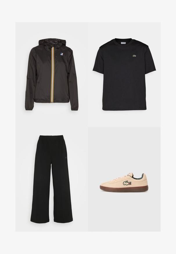 Must värvitud kerge jope kapuutsiga, millel on keskmine luku ja punased, kollased ning valged triibud, samuti logo vasakul rinnal.; Mustmust värvi puuvillane T-särk ümarate kaelustega, lühikeste varrukatega ja väikese rohelise tikandiga logoga vasakul rinnal. Lihtne disain.; Mustad laiad püksid elastse vöökohtaga. Valmistatud pehmest ja kergest materjalist. Ees on vertikaalsed õmblused.; Lacoste BASESHOT - Tossud - beige