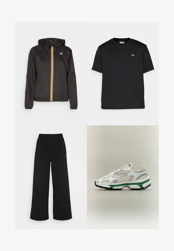 Fekete, könnyű dzseki kapucnival, középső cipzárral, piros, sárga és fehér csíkokkal, valamint logóval a bal mellen.; Fekete pamut póló kerek nyakkal, rövid ujjal és egy apró zöld hímzett logóval a bal mellrészen. Egyszerű dizájn.; Fekete, bőszárú nadrág rugalmas derékrésszel. Puha, könnyű anyagból készült. Elülső részén vertikális varrásokkal rendelkezik.; A Lacoste sportcipő fehér hálós felsőrészét ezüst és zöld akcentusok, valamint texturált részletek díszítik, míg fekete gumitalpát lila kiemelések teszik különlegessé.