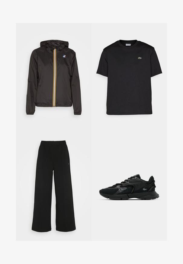 Svart lett jakke med hette, har en sentral glidelås med røde, gule og hvite striper, samt en logo på venstre bryst.; Svart bomull T-skjorte med rund hals, korte ermer og en liten grønn brodert logo på venstre bryst. Enkelt design.; Svarte vide bukser med elastisk midjebånd. Laget av et mykt og lett materiale. Har vertikale sømmer langs fronten.; Svarte treningssko med mesh-overdel, teksturerte detaljer og snøring. Har en polstret krage og gummisåle for grep og holdbarhet.