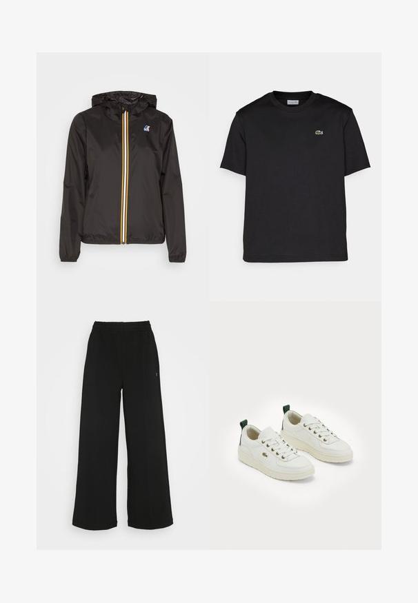 Black lightweight jacket with a hood, features a central zipper with red, yellow, and white stripes, and a logo on the left chest.; Black cotton t-shirt with a round neckline, short sleeves, and a small green embroidered logo on the left chest. Simple design.; Black wide-leg pants with an elastic waistband. Made from a soft, lightweight material. Features vertical seams along the front.; White leather sneakers with round toe, gold eyelets, flat laces, and a green accent on the heel. Featuring a textured rubber sole.