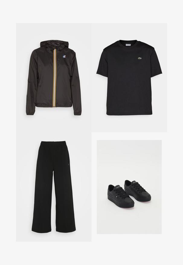 Svart lett jakke med hette, har en sentral glidelås med røde, gule og hvite striper, samt en logo på venstre bryst.; Svart bomull T-skjorte med rund hals, korte ermer og en liten grønn brodert logo på venstre bryst. Enkelt design.; Svarte vide bukser med elastisk midjebånd. Laget av et mykt og lett materiale. Har vertikale sømmer langs fronten.; Sorte, lave sneakers i glat materiale, med tykke snørebånd, en tekstureret sål og et lille logo på siden og tungen.