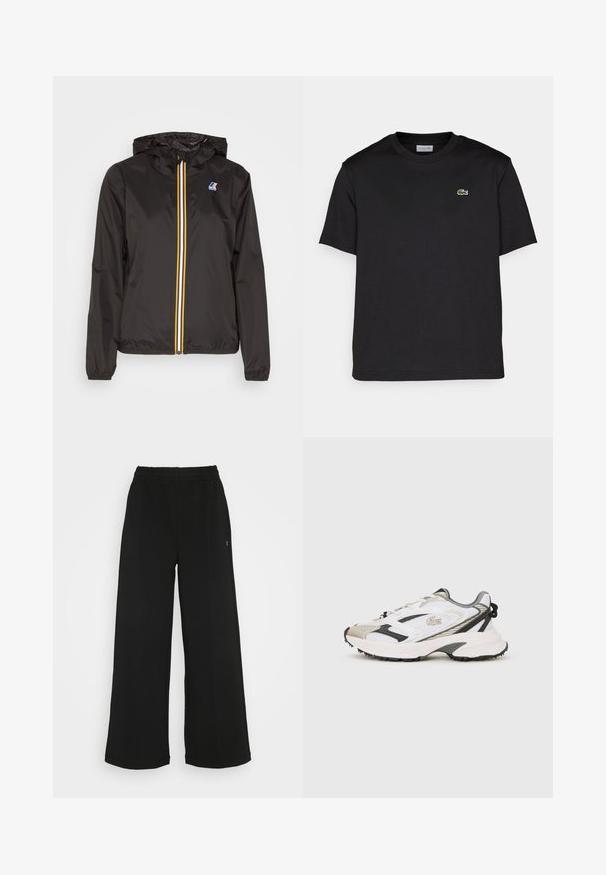 Must värvitud kerge jope kapuutsiga, millel on keskmine luku ja punased, kollased ning valged triibud, samuti logo vasakul rinnal.; Mustmust värvi puuvillane T-särk ümarate kaelustega, lühikeste varrukatega ja väikese rohelise tikandiga logoga vasakul rinnal. Lihtne disain.; Mustad laiad püksid elastse vöökohtaga. Valmistatud pehmest ja kergest materjalist. Ees on vertikaalsed õmblused.; Valged ja hallid tossud, millel on võrgusilm ülemine osa, mustad aktsendid ja tekstuuriga tallaosa. Omab paelu, brändingut ja kontrastseid kujunduselemente.