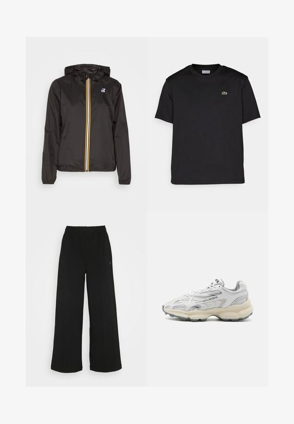 Black lightweight jacket with a hood, features a central zipper with red, yellow, and white stripes, and a logo on the left chest.; Black cotton t-shirt with a round neckline, short sleeves, and a small green embroidered logo on the left chest. Simple design.; Black wide-leg pants with an elastic waistband. Made from a soft, lightweight material. Features vertical seams along the front.; Lacoste white athletic shoe with mesh and synthetic upper, silver accents, chunky sole, and textured grey tread for traction.