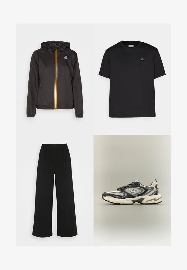 Černá lehká bunda s kapucí, která má centrální zip s červenými, žlutými a bílými pruhy, a logem na levém prsu.; Černé bavlněné tričko s kulatým výstřihem, krátkými rukávy a malým zeleným vyšitým logem na levé hrudi. Jednoduchý design.; Černé široké kalhoty s elastickým pasem. Vyrobené z měkkého, lehkého materiálu. Obsahují vertikální švy na přední straně.; Černé a béžové síťované tenisky mají polstrovaný límec, texturovaný svršek a výrazné logo na boku. Elegantní design s zakřivenou podrážkou.