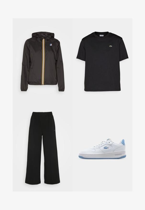 Must värvitud kerge jope kapuutsiga, millel on keskmine luku ja punased, kollased ning valged triibud, samuti logo vasakul rinnal.; Mustmust värvi puuvillane T-särk ümarate kaelustega, lühikeste varrukatega ja väikese rohelise tikandiga logoga vasakul rinnal. Lihtne disain.; Mustad laiad püksid elastse vöökohtaga. Valmistatud pehmest ja kergest materjalist. Ees on vertikaalsed õmblused.; Valged tekstureeritud tennisetossud helesiniste aktsentidega, millel on kõrge Lacoste logo ja pehmendusega tald. Klasikaline paelaga disain perforatsioonidega.