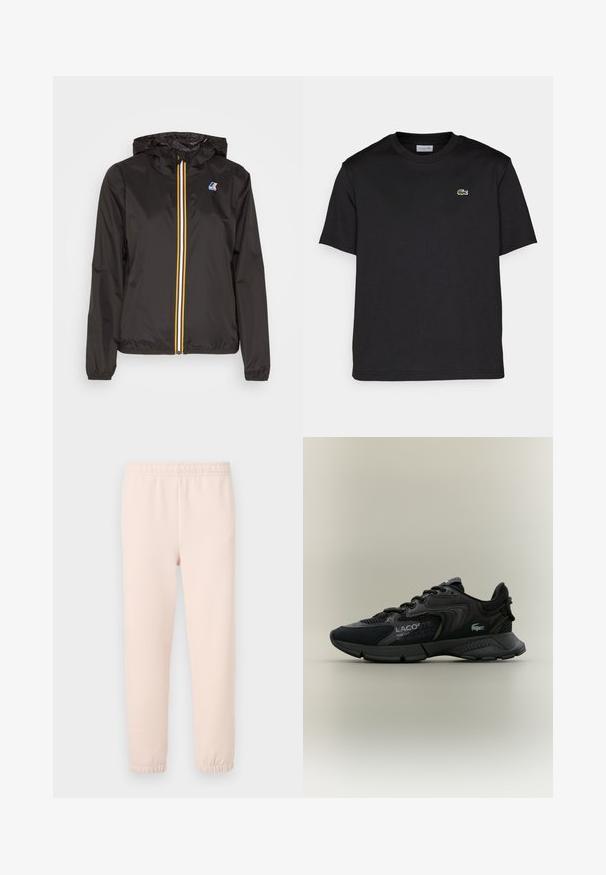 Black lightweight jacket with a hood, features a central zipper with red, yellow, and white stripes, and a logo on the left chest.; Black cotton t-shirt with a round neckline, short sleeves, and a small green embroidered logo on the left chest. Simple design.; Light pink sweatpants with an elastic waistband and gathered cuffs, made from soft cotton blend fabric with a smooth texture.; Black athletic sneaker with mesh and synthetic materials, textured accents, lace-up design, and prominent logo on the side.