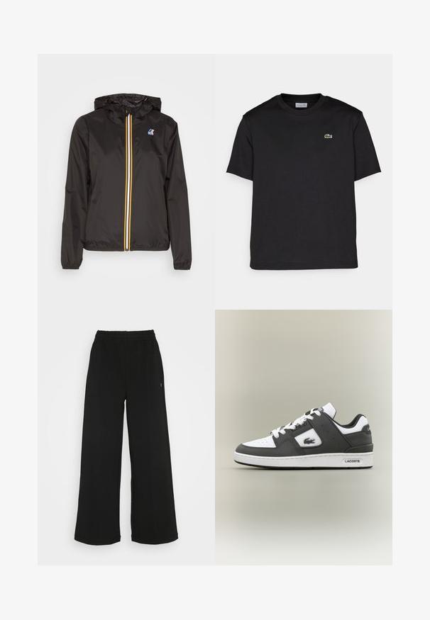 Černá lehká bunda s kapucí, která má centrální zip s červenými, žlutými a bílými pruhy, a logem na levém prsu.; Černé bavlněné tričko s kulatým výstřihem, krátkými rukávy a malým zeleným vyšitým logem na levé hrudi. Jednoduchý design.; Černé široké kalhoty s elastickým pasem. Vyrobené z měkkého, lehkého materiálu. Obsahují vertikální švy na přední straně.; Černobílé tenisky Lacoste s bílými šňůrkami, perforovanou špičkou, krokodýlím logem na boku a značkovou podrážkou na neutrálním pozadí.