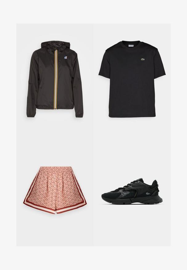 Črna lahka jakna z kapuco, ima osrednji zadrgo z rdečimi, rumenimi in belimi črtami ter logotipom na levi prsni strani.; Črna bombažna majica s krožnim izrezom, kratkimi rokavi in majhnim zelenim vezenim logotipom na levem prsnem delu. Preprost dizajn.; Natisnjeni kratki hlače v svetlo roza barvi z geometrijskim vzorcem. Imajo elastičen pas in kontrastne rdeče obrobe. Mehka tekstura tkanine.; Črne športne čevlje z mrežasto zgornjimi deli, teksturiranimi poudarki in vezalkami. Imajo podložen ovratnik in gumijast podplat za oprijem in trpežnost.