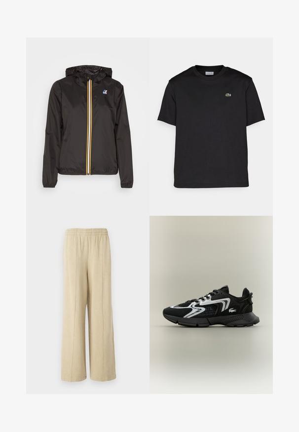 Fekete, könnyű dzseki kapucnival, középső cipzárral, piros, sárga és fehér csíkokkal, valamint logóval a bal mellen.; Fekete pamut póló kerek nyakkal, rövid ujjal és egy apró zöld hímzett logóval a bal mellrészen. Egyszerű dizájn.; Beige, széles lábú nadrág rugalmas derékkal és látható oldals seams. Puha anyagból készült, sima textúrával.; Fekete sportcipők hálós betétekkel, ezüst díszítésekkel és textúrált fekete borítással. Fűzővel és ívelt, masszív talppal rendelkezik.