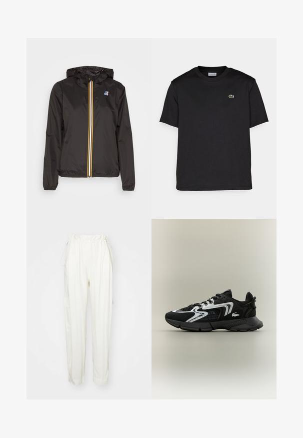 Svart lett jakke med hette, har en sentral glidelås med røde, gule og hvite striper, samt en logo på venstre bryst.; Svart bomull T-skjorte med rund hals, korte ermer og en liten grønn brodert logo på venstre bryst. Enkelt design.; Kremfargede bukser med snøring i livet, sidelommer og løs passform. Laget av et mykt stoff med en glatt tekstur.; Svarte sportsko med nettpaneler, sølvdetaljer og teksturerte svarte overlegg. Har lisser og en buet, robust såle.