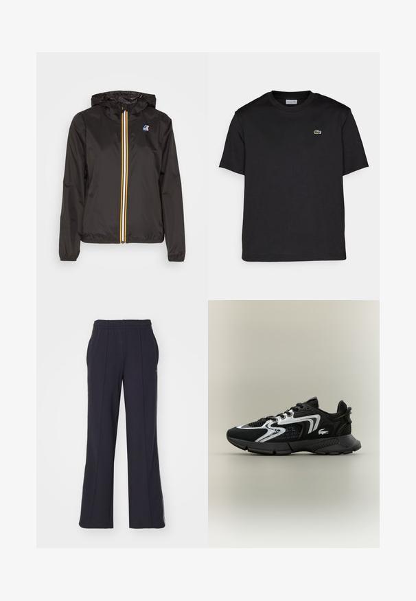 Schwarze leichte Jacke mit Kapuze, verfügt über einen zentralen Reißverschluss mit roten, gelben und weißen Streifen sowie einem Logo auf der linken Brust.; Schwarzes Baumwoll-T-Shirt mit rundem Ausschnitt, kurzen Ärmeln und einem kleinen grünen gestickten Logo auf der linken Brust. Einfaches Design.; Lacoste Jogginghose - abysm; Schwarze Sportschuhe mit Mesh-Einsätzen, silberne Akzente und strukturierten schwarzen Überzügen. Mit Schnürsenkeln und einer gebogenen, robusten Laufsohle.