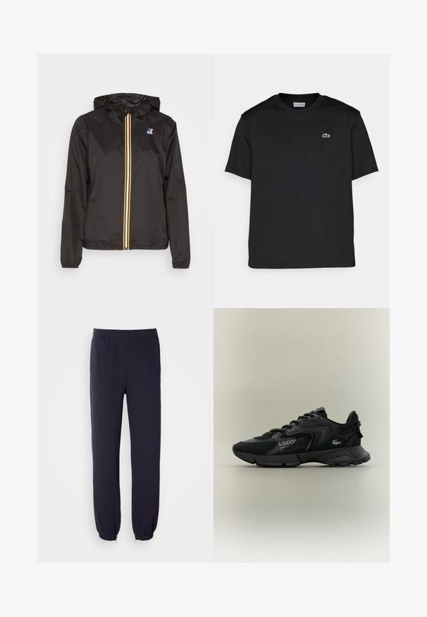 Svart lett jakke med hette, har en sentral glidelås med røde, gule og hvite striper, samt en logo på venstre bryst.; Svart bomull T-skjorte med rund hals, korte ermer og en liten grønn brodert logo på venstre bryst. Enkelt design.; Marineblå joggebukser med elastisk livbelte og innsnevrede hem. Laget av mykt stoff med en jevn tekstur, uten synlige mønstre eller utsmykninger.; Svarte idrettssko laget av mesh- og syntetisk materiale, med teksturerte detaljer, snøring og fremtredende logo på siden.