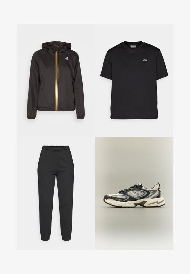 Melnā vieglā jaka ar cepuri, centrāla rāvējslēdzis ar sarkaniem, dzelteniem un baltiem svītrām, un logo uz kreisā krūšu kabatā.; Melna kokvilnas T-krekls ar apaļu kakla izgriezumu, īsām piedurknēm un mazu zaļu izšūtu logotipu kreisajā krūtīs. Vienkāršs dizains.; Melni šaurie sporta bikses ar elastīgu jostu un piedurknēm, priekšējām kabatām, izgatavotas no mīksta auduma.; Melnas un bēšas režģa kedas ar mīkstinātu apkakli, teksturētu augšdaļu un izteiktu logo uz sāna. Sleek dizains ar izliekta zoli.
