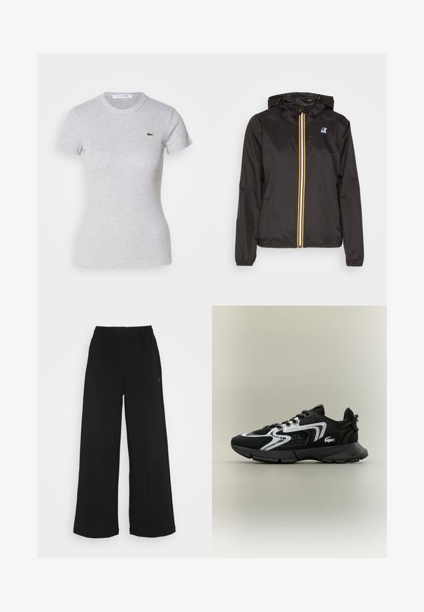 Fekete, könnyű dzseki kapucnival, középső cipzárral, piros, sárga és fehér csíkokkal, valamint logóval a bal mellen.; Világosszürke, testhez álló, rövid ujjú póló, kerek nyakkivágással, bal mellrészén egy kicsi zöld Lacoste krokodil logóval.; Fekete, bőszárú nadrág rugalmas derékrésszel. Puha, könnyű anyagból készült. Elülső részén vertikális varrásokkal rendelkezik.; Fekete sportcipők hálós betétekkel, ezüst díszítésekkel és textúrált fekete borítással. Fűzővel és ívelt, masszív talppal rendelkezik.