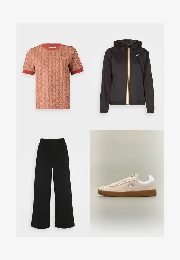 Crna lagana jakna s kapuljačom, središnji patent zatvarač sa crvenim, žutim i bijelim trakama, te logom na lijevoj strani prsnog dijela.; T-shirt kratkih rukava u terakoti s teksturiranim geometrijskim uzorkom, rebrastim okruglim izrezom i kontrastnim crvenim naglascima na rukavima.; Crne hlače širokog kroja s elastičnom trakom u struku. Izrađene su od mekane, lagane tkanine. Sadrže vertikalne šavove duž prednje strane.; Bežsuede tenisice s bijelim detaljima i gumenim potplatom. Imaju izbočeni logo sa strane i kontrastne bež vezice. Klasični dizajn.