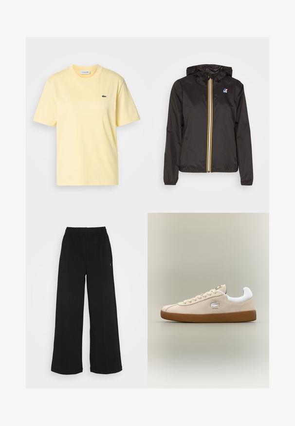 Giacca leggera nera con cappuccio, dotata di una zip centrale con strisce rosse, gialle e bianche, e un logo sul petto sinistro.; T-shirt di cotone gialla con maniche corte e scollatura rotonda. Presenta un piccolo logo di coccodrillo ricamato in verde sul petto.; Pantaloni neri a gamba larga con vita elasticizzata. Realizzati in un materiale morbido e leggero. Presentano cuciture verticali sul davanti.; Sneaker in suede beige con dettagli bianchi e suola in gomma. Presenta un logo in rilievo sul lato e lacci beige a contrasto. Design classico.
