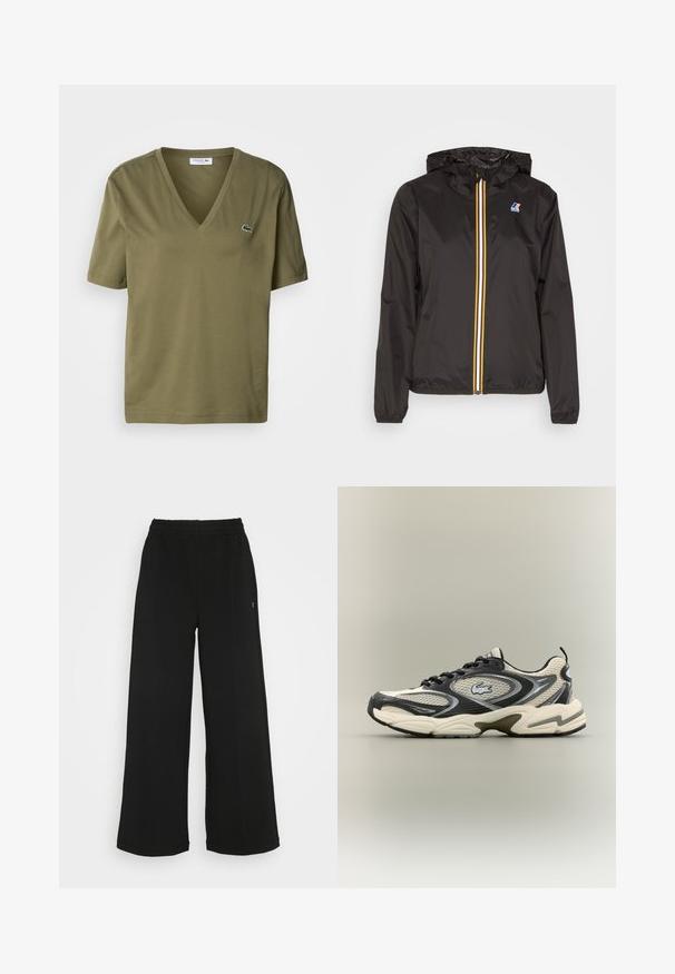 Fekete, könnyű dzseki kapucnival, középső cipzárral, piros, sárga és fehér csíkokkal, valamint logóval a bal mellen.; Olajzöld pamut póló V-nyakkal és rövid ujjakkal. A bal mellrészen található egy kis hímzett krokodil logo.; Fekete, bőszárú nadrág rugalmas derékrésszel. Puha, könnyű anyagból készült. Elülső részén vertikális varrásokkal rendelkezik.; Fekete és bézs hálós sportcipők párnázott bokával, texturált felsőrésszel és kiemelkedő logóval az oldalon. Elegáns dizájn, ívelt talppal.