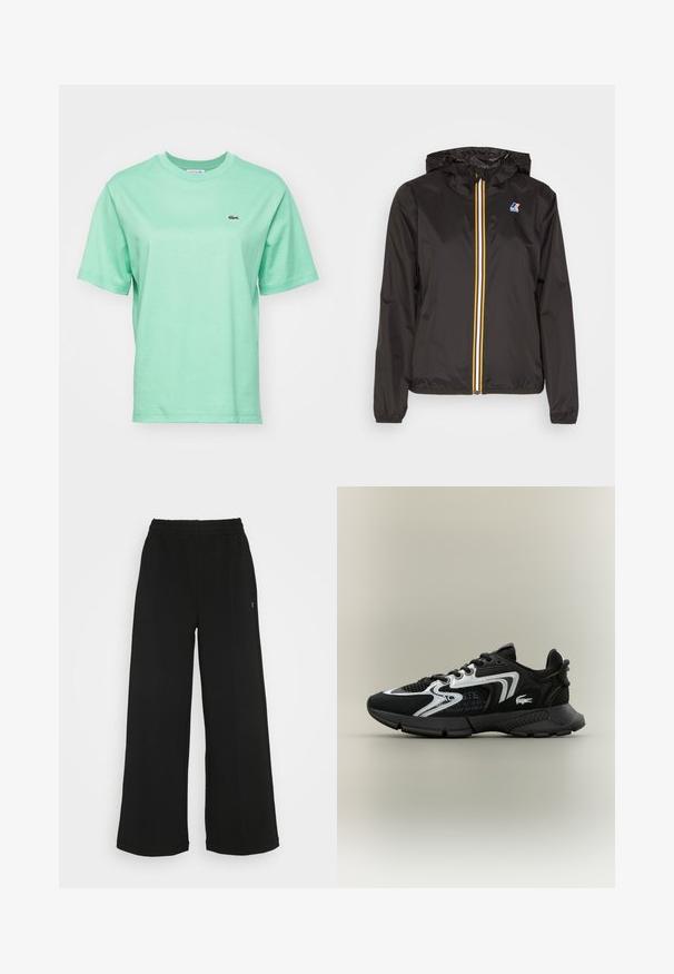 Black lightweight jacket with a hood, features a central zipper with red, yellow, and white stripes, and a logo on the left chest.; Light green cotton t-shirt with short sleeves and a crew neck, featuring a small embroidered logo on the left chest area.; Black wide-leg pants with an elastic waistband. Made from a soft, lightweight material. Features vertical seams along the front.; Black athletic shoes with mesh panels, silver accents, and textured black overlays. Features laces and a curved, sturdy outsole.